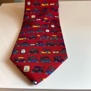 Red tie with Golf Carts 100% Silk Alynn‎ Neckwear “Sunday Driver”, Vintage